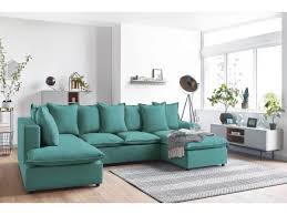 Milner, canapé d'angle convertible avec méridienne à gauche, compartiment de rangement et matelas à mémoire de forme, bleu arctique. Canape D Angle Panoramique Convertible Xxl Avec Coffre Mona Bobochic