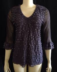 Dress Barn Top Shirt L Purple Ruffle Sequins Sheer Sleeves Dressy Holiday V Neck Dressbarn Blouse Evening Dress Barn Tops Women Dress Barn Dresses