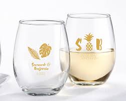 Stemless wine glasses can be used to 'toast' a special day. Personalized Pineapple Palms Wine Glass Wedding Favors