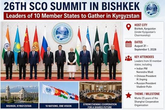 The 26th Shanghai Cooperation Organisation (SCO) Summit is being held in  Bishkek, Kyrgyzstan, from August 31 to September 1, 2026. The summit is  chaired by Kyrgyz President Sadyr Japarov. The meeting brings
