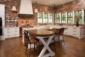 Appealing Industrial Brick Kitchen Featuring Brown Color Bricks Wall And White Kitchen Cabinets Plus R Brick Kitchen Exposed Brick Kitchen Brown Kitchen Tables