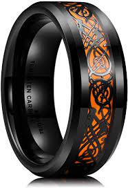 King Will Dragon Men S 8mm Orange Carbon Fiber Black Celtic Tungsten Carbide Comfort Fit Ring In 2020 Black Gold Ring Tungsten Carbide Wedding Bands Wedding Ring Bands