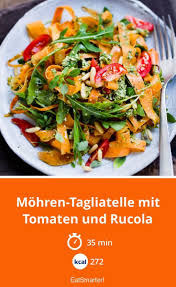 Karotten Tagliatelle Mit Tomaten Und Rucola Schlauer Kalorien 272 Kcal Zeit Rezepte Vegan Gesund Kochen Rezepte Spiralschneider Rezepte Tagliatelle
