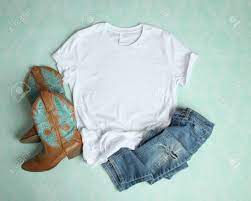 Download Flat Lay Mockup Of White T Shirt On Aqua Background With Cowboy Stock Photo Picture And Royalty Free Image Image 100557411