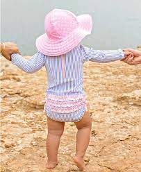 Periwinkle Blue Seersucker One Piece Rash Guard Rufflebutts Com Baby Girl Outfits Summer Baby Bathing Suit Girl Toddler Bathing Suits