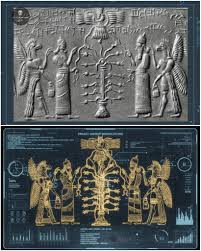 The image displays a comparison between an ancient relief carving and a  modern digital graphic interpretation, both centered on a common motif. Top  Image: This panel shows an ancient Mesopotamian (likely Assyrian)