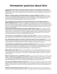 Lien on property for money owed. Homeowner Questions About Liens Construction Contractors Board