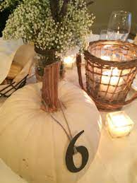 Fall Wedding White Pumpkin Table Numbers Baby Breath And Lavender In Mason Jars Fall Wedding Tables White Pumpkins Wedding Fall Wedding Decorations