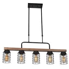 Baiwaiz Wood Linear Chandelier Metal Cage Pool Table Light 5 Light Edison E26 Max 300w B Pool Table Lighting Dining Room Light Fixtures Kitchen Island Lighting