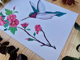 Hummingbird Art, Print, Gifts, 5x7 Print, Vintage, Pink Flower Wall Art,  Gift for Mom, for Friend, Birthday, Nature Art Print, Framable