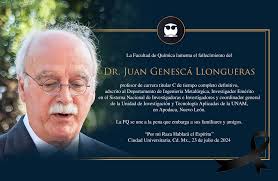 La Facultad de Química lamenta el fallecimiento del Dr. Juan Genescá  Llongueras y se une a la pena que embarga a sus familiares y amigos.