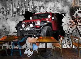 Red Jeep Wall Breakthrough Art Wall Murals Wallpaper Decals Prints Decor Idcwp Jb 000190 Decoracao De Garagem Lojas De Carros Foto 3d