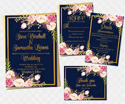 Navy Blue Wedding Invitation Suite Printable Gold Invite Floral Wed Template Blush Rustic Set Pink Roses Peonies Rsvp Thank You Details Pink Wedding Invitations Blue Wedding Invitations Wedding Invitations