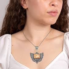 Fossil Coral Gemstone Mother's Day Handmade Silver Jewelry Pendant 2.5"