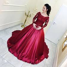 Long sleeve satin ball gown wedding dress. Burgundy Satin Ball Gown Wedding Dresses Lace Long Sleeves Alinanova