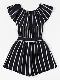 Black And White Striped Romper Plus Size Striped Ruffle Hem Knot Romper Shein Sheinside Hem Knotted Rompers Plus Size Jumpsuit