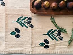 Hand Block Printed Linen Table Runner. Olive Toss. Organic Eco-friendly.  Boho Decor. Tablecloth. Modern. Thanksgiving