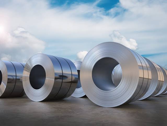 Large cold rolled stainless steel coils in storage warehouse