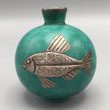 Specializing in the argenta patterns known for the malachite green matt glaze with silver inlay. Diminutive Wilhelm Kage Gustavsberg Argenta Fish Vessel Argenta Kage 80s Modern