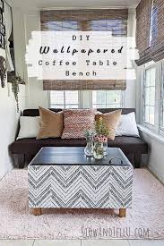 Diy Boho Wallpaper Coffee Table Bench Makeover In 2020 Coffee Table Coffee Table Bench Boho Chic Living Room