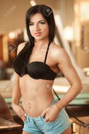 36 hot girls wearing yoga pants that will make your day better. Sexy Brunette Woman In Black Lingerie And Blue Jeans Short Fit Stock Photo Picture And Royalty Free Image Image 63735157