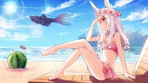 These characters are pregnant and are expecting a child. Animal Ears Barefoot Beach Bikini Bunny Ears Elin Fruit Green Eyes Magic Pestoo Swimsuit Tera Online Water Watermelon White Hair Wallpapers Hd Desktop And Mobile Backgrounds
