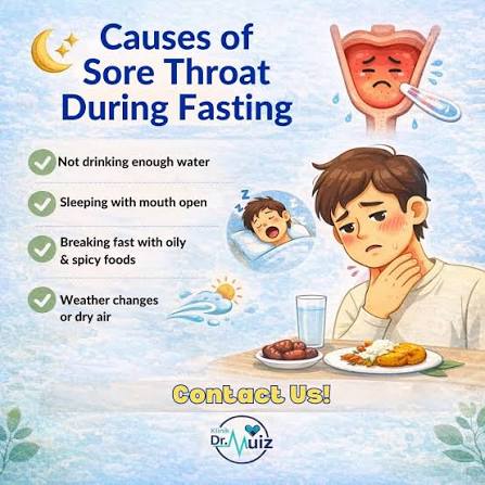 Do you sometimes experience a sore throat while fasting? . A dry throat can  occur during fasting because the body goes many hours without water. .  Certain habits may also increase throat