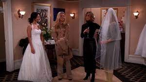 Monica Megan Rachel And Phoebe Friends 7x17 The One With A Cheap Wedding Dress Wedding Dresses Cheap Wedding Dress Wedding Dresses Lace