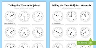 o clock and half past telling time worksheets ks1