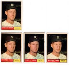 1961 flagship topps baseball cards returning to a vertical design, 1961 topps featured a large player photo bordered by two colorful rectangles displaying player info. 4 1961 Topps Baseball Cards 160 Whitey Ford Apr 08 2021 Brookline Auction Gallery Llc In Nh