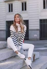 White Jeans And Striped Sweater How To Wear White Jeans Womens White Jeans White Jeans Outfit