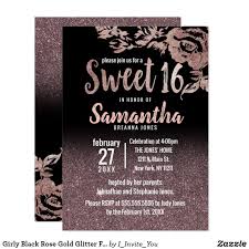 18th Birthday Black And Rose Gold Themed Party Girly Black Rose Gold Glitter Floral Sweet 16 Invitation Zazzle Com In 2020 Sweet 16 Party Invitations Gold Sweet 16 Invitations Sweet 16 Invitations