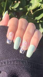 Daisy Nails Flower Nails Summer Nails Short Nails Coffin Nails Green Nails Aesthetic Spring Acrylic Nails Acrylic Nails Acrylic Nails Coffin Short