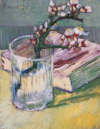 Peach tree in blossom and sprig of flowering almond in a glass. Blossoming Almond Branch In A Glass With A Book Painting By Vincent Van Gogh