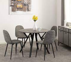 Upholstered dining chairs in dove grey tartan fabric. Milo Round Dining Table Set With 4 Chairs Maple Furniture Ltd