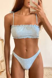 Somerset Light Blue Polka Dot Ruffled Tie Strap Bikini Top Polka Dot Bikini Bottoms Bikinis Swimsuits