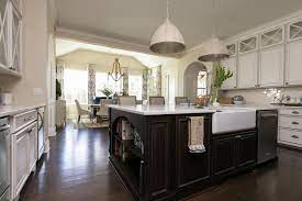 Aisles with a refrigerator should have 36″ clear minimum from the handle to the island. Large Kitchen Island With Prep Sink And Dishwasher In Neutral South Carolina Country Kitchen Hgtv