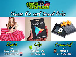 Check spelling or type a new query. Crush The Creatures Choose The Next Prize Share For Victoria S Secret Egift Card 100 Like For Google Play Gift Card 100 Comment For Amazon Gift Card 100 Facebook