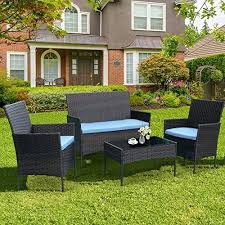 Crzdeal 4 Pcs Patio Conversation Set Wicker Outdoor Rattan Chair With Table Set Patio Furniture Set With Soft Cushions Tempered Glass Coffee Table For Balcon Coffee Table For Balcony Conversation