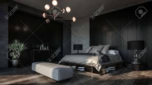 Why dark walls work in small spaces. Design Of Luxury Bedroom With Dark Interior Of Black And Grey Walls Big Floor Lamps And Modern Furniture Diagonal View Of The Room Stock Photo Picture And Royalty Free Image Image 142466295