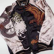 Japanese Vintage White Tiger Phoenix Pheonix Mythical Bird Dragon Ryu Tattoo Snake Serpent Turtle Art Embroidery Embroidered Satin Souvenir Yakuza Bomber Sukaja Sukajan Jacket Jackets Fashion