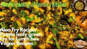 Spicy Potato Leafy Green Fry Recipe For Rice Roti Easy Aloo Fry Indian Potato Sarson Fry Delicious Healthy Recipes Easy Potato Recipes Indian Potato Recipes