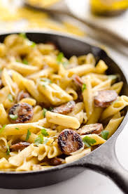 I used spicy and sweet sausage 8 links total. Chicken Sausage Penne Skillet