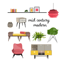 Slightly whimsical furniture designs feature organic shapes that seem to cradle the body and have minimal ornament beyond the shape of the piece itself. Vector Furniture Living Room Interior Design Elements Illustration Mid Century Modern Retro Style Mood Board Royalty Free Vector Graphics