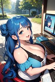 Anime Chubby Huge Boobs 60s Age Laughing Face Blue Hair Hair Bun Hair Style  Dark Skin Vintage Forest Side View Gaming Schoolgirl 3669386843789222001 