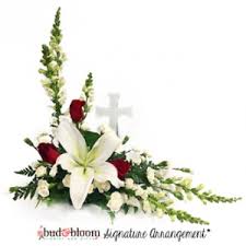 The right arrangement or living plant cannot erase the pain of the occasion. Sacred Cross Sympathy Arrangement In Mooresville In Bud And Bloom Florist And Gifts