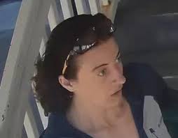 Old blue mini van driver with curly blonde hair