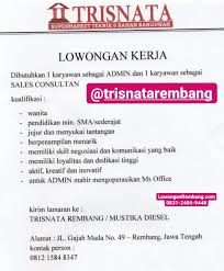 Check spelling or type a new query. Lowongan Kerja Admin Dan Sales Consultan Toko Bangunan Trisnata Mustika Diesel Rembang Lowongan Rembang