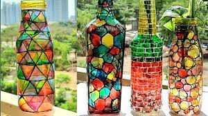 Mosaic Painting Using Glass Colours L Quick Bottle Decoration Idea L Bot Bottle Painting Glass Bottles Art Glass Painting Designs
