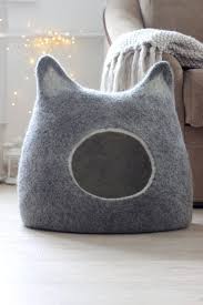 Cat Bed With Ears From Natural Grey Wool Felted Wool Cat Cave Small Dog Bed Stylish Gift For Pets Cat Cave Pet Beds Cat Cat Bed